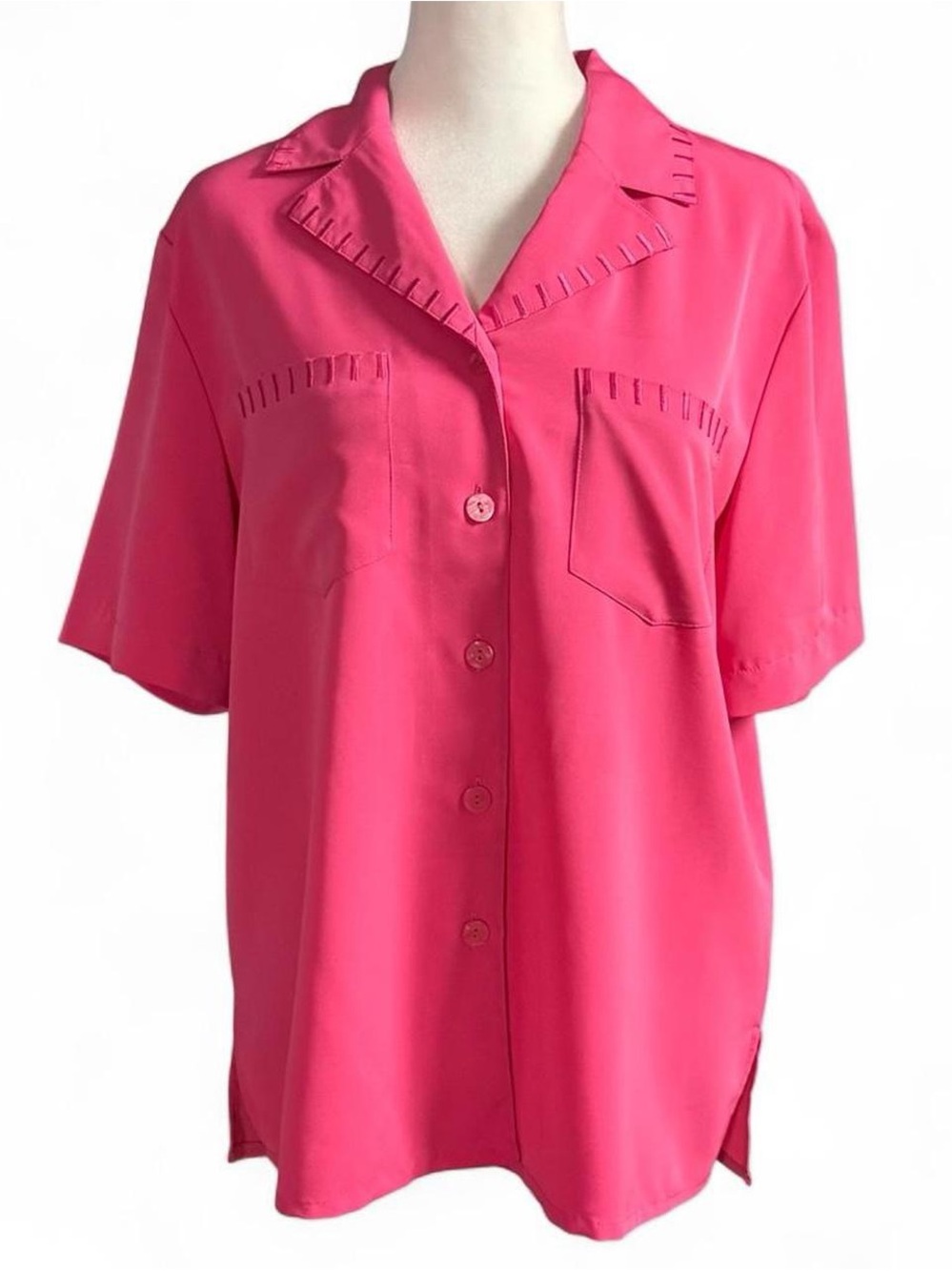 Vintage 80s Liz Baker Hot Pink Button Front Blouse Size 8 Retro